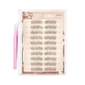 Brown Self Adhesive False Eyelashes 60 Clusters Press On Eyelash Lasgoos Natural Lash Individual 10-12mm Pre-Glued Eyelash Extensions Cosplay Manga No Glue Needed Fake Lashes Idol With Tweezer