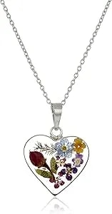 Amazon Essentials Sterling Silver Pressed Flower Heart Pendant Necklace