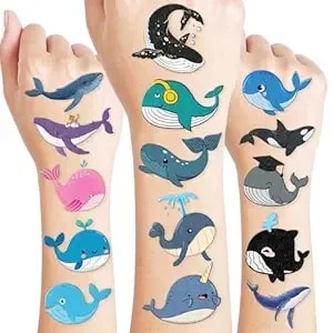 96pcs Whale Temporary Tattoos Pre-Cut Themed Blue Ocean Cute Orca Narwhal Sea Animals Birthday Party Favors Decorations Supplies Tattoo Stickers Gifts For Boys Girls Kids School Prizes