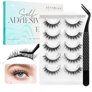Bepholan Self Adhesive Eyelashes Natural Look,Pre Glued No Glue Needed Reusable Press On Lashes False Eyelashes Wispy With Tweezer Of Replacement Adhesive Strips 8-14mm 5 Pairs(cvj205)