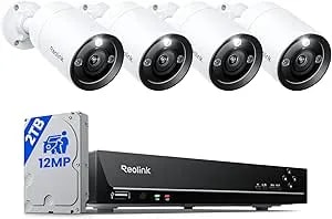 Reolink 12mp Wired Security Camera System, 4pcs H.265 12 Megapixel Uhd Poe Surveillance Cameras, Person Vehicle Pet Detection, Spotlight Color Night Vision, 8ch Nvr With 2tb Hdd, rlk8-1200b4-A