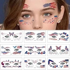 10 Sheets 4th Of July Face Tattoos Stickers Independence Day Face Eye Temporary Tattoos Usa Flag Star Butterfly Eagle Face Tattoo Red White Blue Patriotic Party Parade Favor Supplies For Body Decor