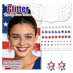 3-In-1 4th Of July Face Tattoos Set 3 Pcs Red White And Blue Freckles 60 Pcs 4th Of July Face Gems And A Pair Of Patriotic Earrings For Women 250 Anniversary Usa Merchandise Outfit Accessories (july6)