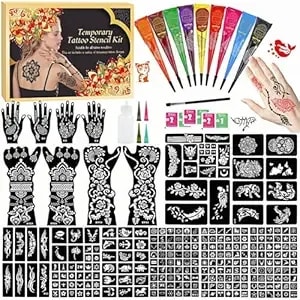 255 Pcs Temporary Tattoo Kit With 9 Colors Tattoo Cones, Large 18 Sheets Temporary Tattoo Stencil, Designed Tattoos Pattern For Kids Adults,Body Art Diy Skin Painting Gifts Set For Party Festival