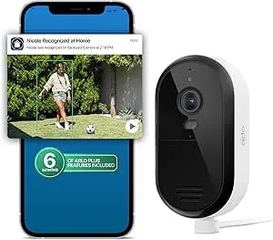Arlo Essential Security Camera 2k (2025 Release) + 6 Months Of Secure Plus Plan - Continuous Wired Plug-In Power Outdoor Camera, Person Recognition, Package Detection, Animated Preview, 1 Cam, White