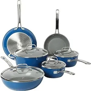 Sur La Table Kitchen Essentials 10 Piece Pfa Free Titanium Ceramic Nonstick Interior Forged Aluminum Cookware Pots And Pans Set - Blue - Induction Compatible