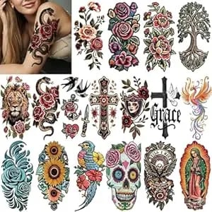 47 Sheets Flower Temporary Tattoos Adult Kids, Women Girl Embroidery Style Skull Cross Lion Snake Rose Butterfly Phoenix Swallow Tree Realistic Temp Fake Tattoos Shoulder Face Body Art Stickers
