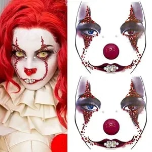 2 Pcs Clown Face Gems Makeup Stickers Day Of The Dead Clown Face Jewels 3d Gemstone Face Stickers Dark Horror Style Rhinestone Glitter Temporary Tattoos For Halloween Carnival Party Decoration