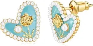 Cicy Bell Heart Stud Earrings For Women 18k Gold Plated 925 Sterling Silver Rose Flower Pearl Trendy Elegant Earrings Jewelry Valentine'S Day