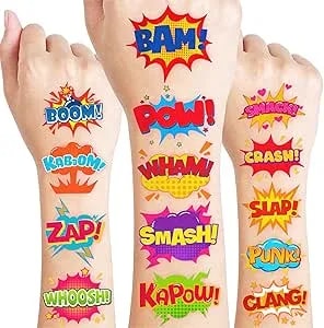 96 Pcs Comic Pre-Cut Temporary Tattoos For Kids - Super Cute Pow Wow Boom Zap Themed Birthday Party Favors, Supplies, Decorations, Fake Tattoo Stickers, School Rewards Gifts For Boys & Girls