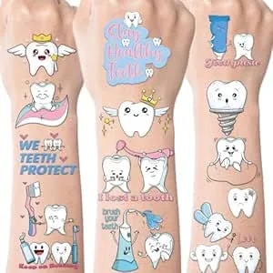 Cute Dental Tooth Temporary Tattoos, 8 Sheets 200+ Cartoon Teeth Fairy Gifts, First Milk Teeth Fake Tattoo Stickers For Kids Girls Boys Funny Dentist Party Decorations Hospital Doctor Prizes Rewards