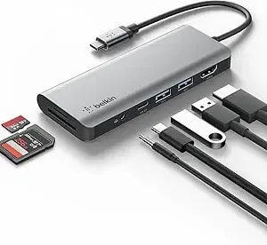 Belkin Usb-C Hub, 7-In-1 Multiport Docking Station For Macbook & Windows - 85w Usb-C Power Delivery 3.0, 4k Hdmi 1.4, 2x Usb-A 3.0, Sd 3.0, Micro Sd 3.0, & 3.5mm Audio Jack