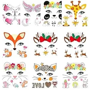 Animal Temporary Face Tattoo For Kids 10 Pack, Face Paint Stickers, Easter Basket Stuffers Halloween Christmas Body Makeup Bunny Butterfly Panda Deer Giraffe Fairy Floral Festival Tattoos