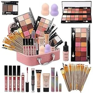 Mtdxiltai All In One Makeup Kit For Makeup Storage Bag 2x14 Colors Eyeshadow Palette Liquid Foundation Eyeliner Pencils Contouring Stick 20pcs Make Up Brushes For Women Girls Teens (Pink)