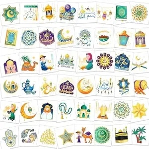 Howaf 96pcs Eid Mubarak Temporary Tattoos, Ramadan Kareem Themed Face Tattoos Stickers For Boys Girls With Star Moon Castle Patterns For Eid Party Decorations, Ramadan Mubarak Fake Tattoos