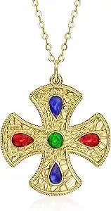Ross-Simons Italian Multicolored Enamel Cross Necklace In 14kt Yellow Gold. 18 Inches