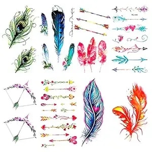 8 Sheets Watercolor Feather Arrow Temporary Tattoos For Women, Boho Peacock Feather Bow Arrow Heart Fake Tattoo Stickers, Waterproof Long Lasting Body Art For Arm Wrist Hand