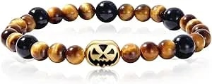 Cicy Bell Halloween Bracelets For Women Gothic 8mm Natural Gemstone Stretch Bracelet Unisex Bead Chains With Pumpkin Skull Charms