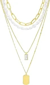 Nautica Simulated Pearl Rhinestone Dog Tag Necklace Set For Women 14k Yellow Gold Plated Alloy 17 - 23 Inches
