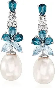 Ross-Simons 8.5-9mm Cultured Pearl And 2.30 Ct. T.W. London, Sky Blue And White Topaz Drop Earrings In Sterling Silver