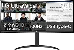 LG 34WR55QK-B 34-Inch Ultrawide WQHD (3440 X 1440) Curved Computer Monitor, 100Hz, 5ms, HDR10, Reader Mode, HDMI, Displayport, USB Type-C, Tilt/Height Adjustable Stand, Black