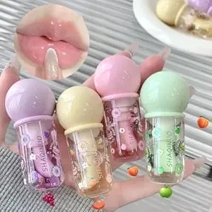4 Pcs Fruit Flavored Lip Gloss Set With Big Brush Applicator, Moisturizing Hydrating Glossy Plumping Transparent Lip Oil, Jelly Hydrating Lip Make-Up For Women, Party Gift, Non-Toxic