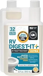 Unique Rv Digest-It Ultra Liquid Rv Toilet Treatment, 32 Uses - Strong Easy-Measure Liquid Controls Odors & Quickly Digests Waste/Toilet Paper; Routine Rv Holding Tank Treatment, 32 Oz
