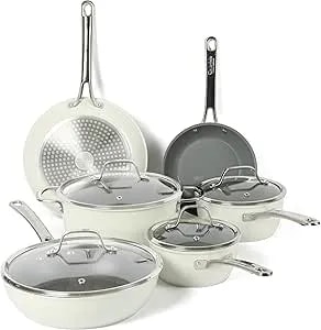 Sur La Table Kitchen Essentials 10 Piece Pfa Free Non-Toxic Titanium Ceramic Nonstick Interior Forged Aluminum Cookware Pots And Pans Set - Linen White - Induction Compatible