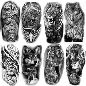 8 Sheets Lion Wolf Tiger Temporary Tattoos For Men Adults, Realistic Wildlife Compass Cross Fake Tattoo Stickers, Waterproof Long Lasting Black And Grey Body Art For Arm Chest
