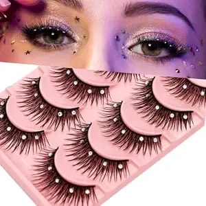 5 Pairs Bling Glitter Lashes 3d Natural Cosplay Eyelash With Rhinestones, 13mm Dramatic Manga Lashes With Diamonds, Stage Makeup Lashes For Decorative Christmas Halloween New Year Party