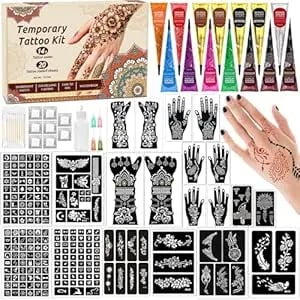 Temporary Body Art Tattoo Kit With 20 Reusable Stencils, 14 Tattoo Cones In 10 Colors, Mixing Bottles, Cotton Swabs & Gloves, Diy Skin Art Set For Festivals, Parties & Creative Makeup