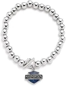 Harley-Davidson Women'S Bar & Shield Toggle Stretch Bead Bracelet, Silver