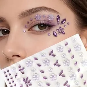 Purple Flower Face Gems Stickers - Summer Floral Face Jewels Glitter Self-Adhesive Rhinestone Flower Face Stickers Floral Fcae Gems For Women Tattoo Stickers (Purple)