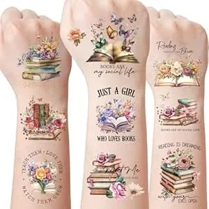 Reading Book Library Temporary Tattoos - 8 Sheets 200 Pcs Book Themed Birthday Party Decorations Reading Lover Inspirational Tattoo Stickers For Kids Booklish Nerd Supplies Gifts School Prizes Rewards