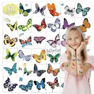 Emome 50 Sheets Butterfly Temporary Tattoos For Girls, Individually Wrapped Tattoos For Butterfly Birthday Party Supplies Favors Decorations, Tattoos Stickers For Kids Goodie Bag Stuffers
