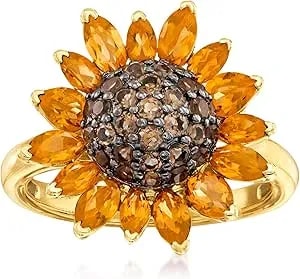 Ross-Simons 1.70 Ct. T.W. Citrine And .80 Ct. T.W. Smoky Quartz Sunflower Ring In 18kt Gold Over Sterling