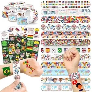 96 Pcs World Flag Party Favors – 72 Pre-Cut Temporary Tattoos & 24 Slap Bracelets For Kids, Multicultural Birthday Supplies & Classroom Rewards