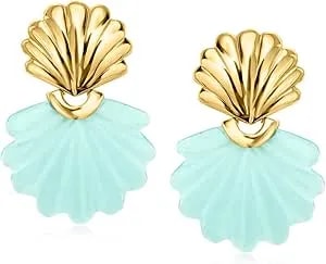 Ross-Simons Carved Blue Chalcedony Seashell Drop Earrings In 18kt Gold Over Sterling