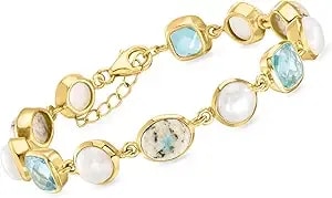 Ross-Simons 7.5-8mm Cultured Pearl, Gray Jasper And 7.00 Ct. T.W. Sky Blue Topaz Bracelet In 18kt Gold Over Sterling. 7 Inches