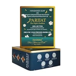 Nyassa Parijat Night Blooming Jasmine Handmade Soap 150gm With Turmeric And Shea Butter. Paraben Free, Cruelty Free And 100% Vegetarian.