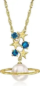 Ross-Simons 9.5-10mm Cultured Button Pearl And .60 Ct. T.W. London Blue Topaz Celestial Pendant Necklace In 18kt Gold Over Sterling