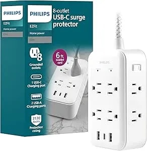 Philips Surge Protector, 8 Outlet, 2 USB-A, 1 USB-C, 17W, 3120J, Braided Cord, 6ft, White