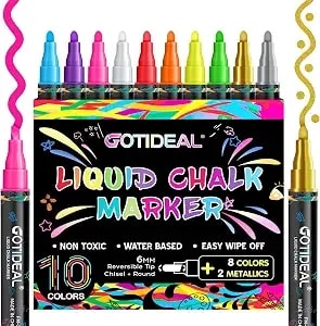 Gotideal Liquid Chalk Markers, 10 Colors, 6 Mm Bold & Chisel Tip - Erasable Chalk Board Pens,Window Markers For Glass Washable, Blackboard, Car, Glass, Calendar, Sign, Menu Diy Painting