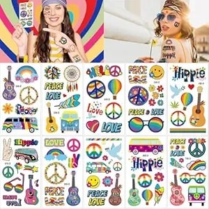 100pcs Groovy 70s Temporary Tattoos-10 Sheets Hippie Tattoo Stickers For Fan Birthday Party Decorations Hand Tattoo Party Favor Party Supplies Gifts For Kids Boy Girl Adult Pretty Christmas Gift