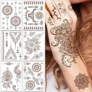 6 Sheets Henna Tattoos Temporary Stickers Flower Lace Lotus Pattern Waterproof Women Body Party Masquerade Halloween Diy Face Arms Legs Art Decoration (Brown)