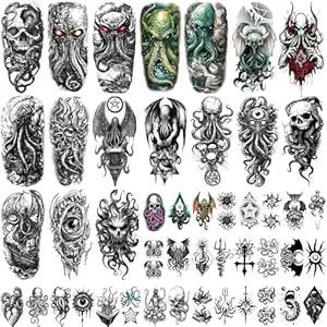 Yazhiji 47 Sheets Temporary Tattoos, 17 Pcs Half Arm Cthulhu Octopus Fake Tattoos For Adults Shoulder Neck, 30 Pcs Tiny Animal Temporary Tattoos Realistic For Men Women Boys & Girls