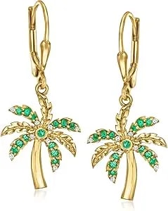 Ross-Simons 0.20 Ct. T.W. Emerald Palm Tree Drop Earrings With Diamonds In 18kt Gold Over Sterling