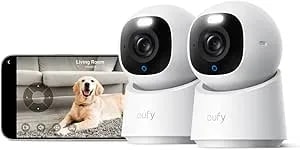 Eufy Security 4K Indoor Camera E30 -No Subscription,360° Pan Tilt,AI Auto Tracking,Color Night Vision,Pet/Baby/Nanny Camera With Two-Way Audio,AI Human/Pet Detection,Works With Homekit((2-Pack)