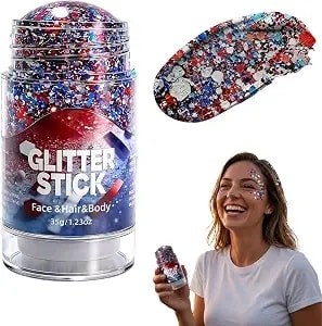 4th Of July Red White & Blue Glitter Stick, 2026 New Body Hair Glitter Stick, Usa Flag Star Face Hair Glitter For Women, Waterproof Makeup For Football Game Memorial Day 250th Anniversary (1pc)