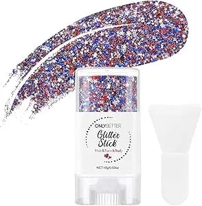 4th Of July Glitter Stick With Silicone Brush, Red White And Blue Face Body Hair Glitter Stick, Patriotic Star Glitter Makeup For Independence Day, Parades, Parties, Fireworks, 0.53oz